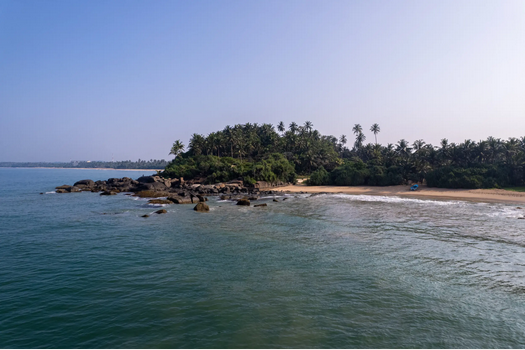 Strand mit Felsen und Palmen an der Küste in Sri Lanka, dargestellt auf der Website eines Reisebüros