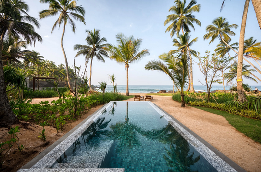 Luxuriöses Boutique-Hotel in Sri Lanka mit Infinity-Pool, Palmen und Blick auf den Strand