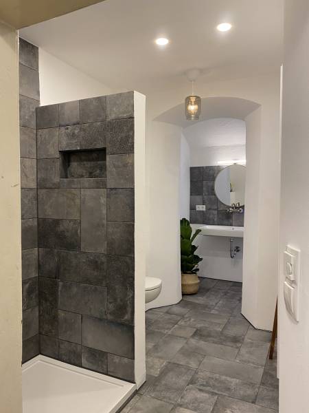 Badezimmer mit grauen Fliesen, Dusche in der Ecke, WC und Waschbecken mit runder Spiegelfläche. Eine Pflanze steht in einem Topf.