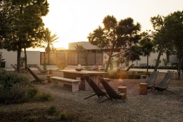 Außenbereich eines Hotels mit Holzbänken, Liegestühlen und Bäumen bei Sonnenuntergang, ruhige Atmosphäre